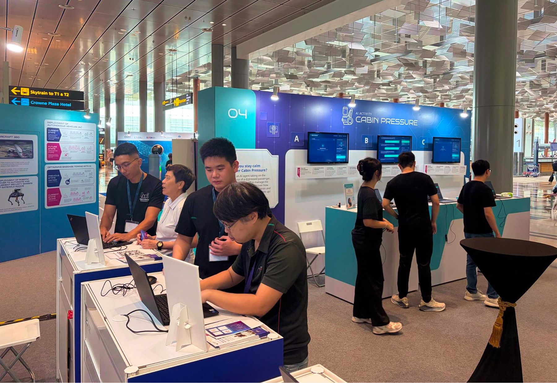 Airport staff designing an aviation-themed poster with AI