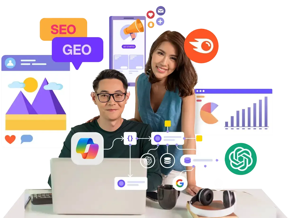 Two professionals learning AI digital marketing skills on laptops — Heicoders Academy DM100 course Singapore