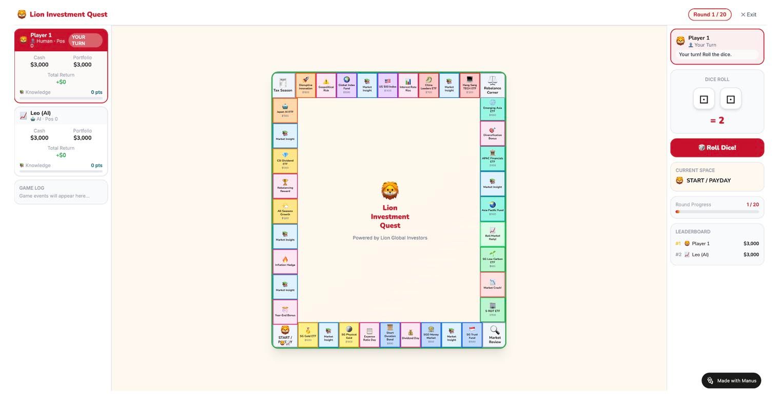 Lion Investment Quest — a Monopoly-style board game built live during the workshop using Manus AI