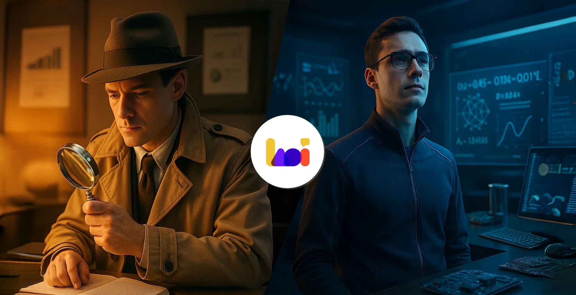 Data Analyst vs Data Scientist: The Detective vs Architect Analogy Data Analyst depicted as detective with magnifying glass examining documents versus Data Scientist shown as tech professional with futuristic digital screens, illustrating the difference between analysing past data and predicting future outcomes in Singapore's data careers